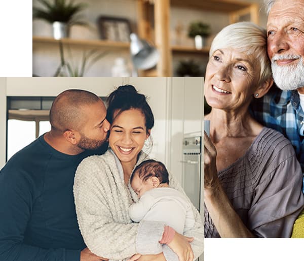 A young family and a retired couple enjoying financial security and peace of mind