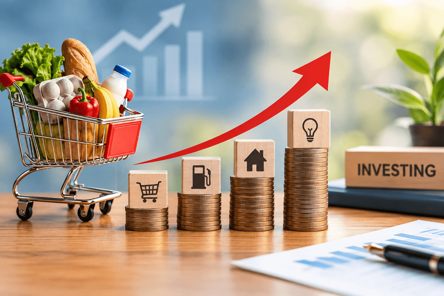 Shopping cart of groceries beside stacked coins topped with grocery, fuel, home, and idea icons, illustrating rising everyday costs