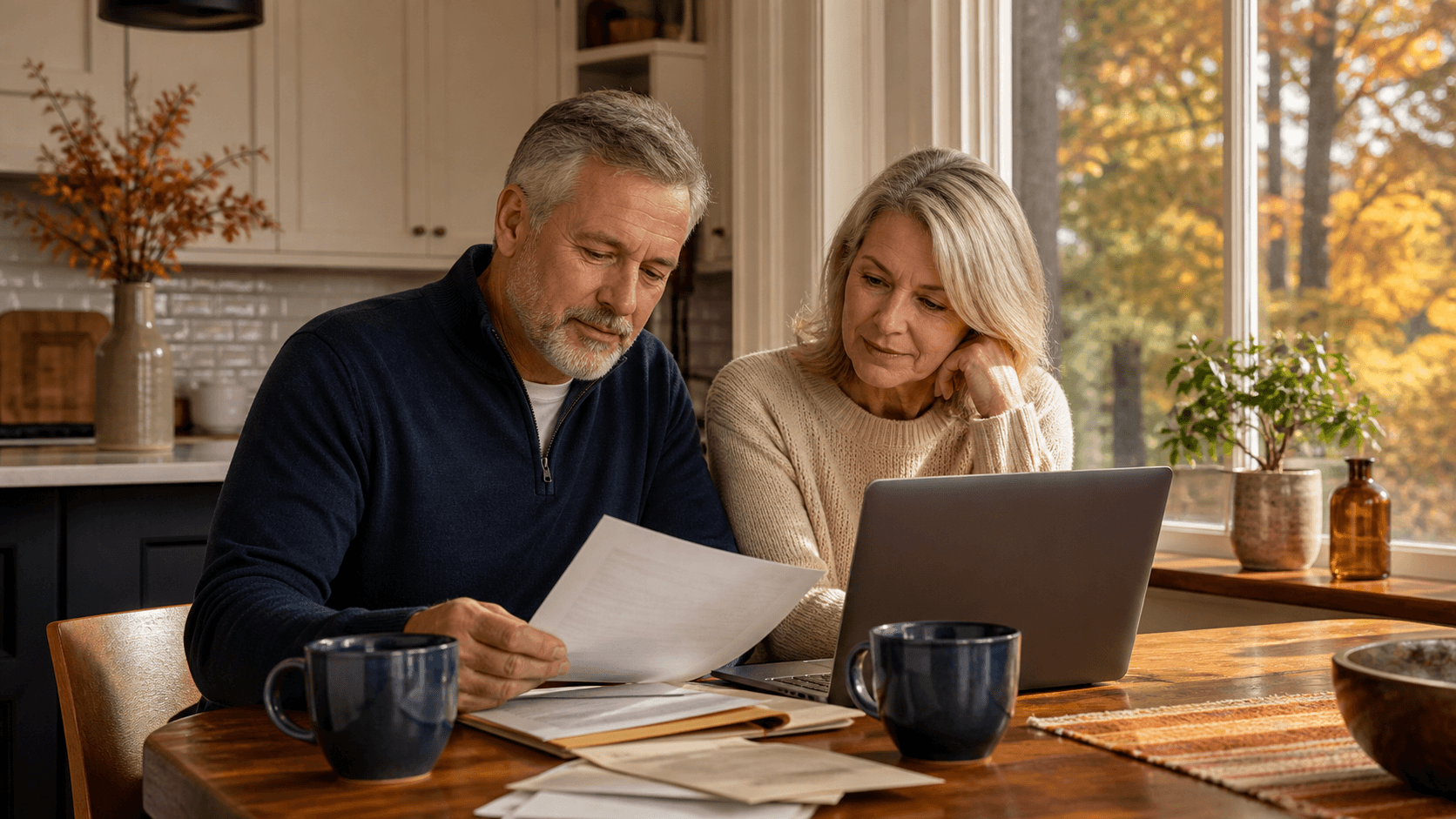 A couple reviewing retirement planning papers together at a sunlit kitchen table