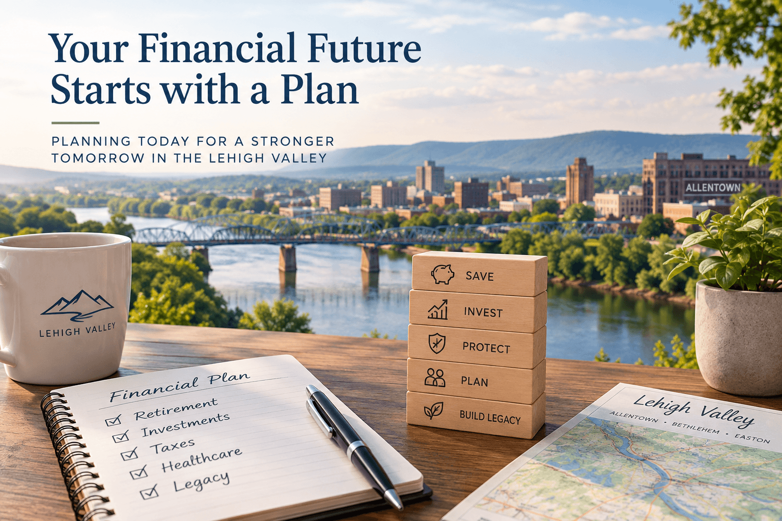 Financial planning checklist and planning blocks overlooking the Lehigh Valley in Allentown