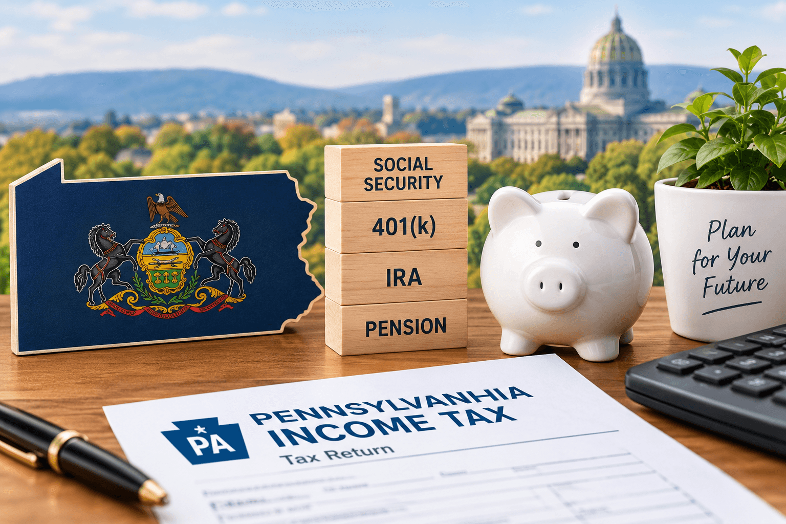 A Pennsylvania-shaped flag, blocks labeled Social Security, 401(k), IRA, and pension, a piggy bank, and a Pennsylvania income tax return on a desk in front of a view of the state capitol